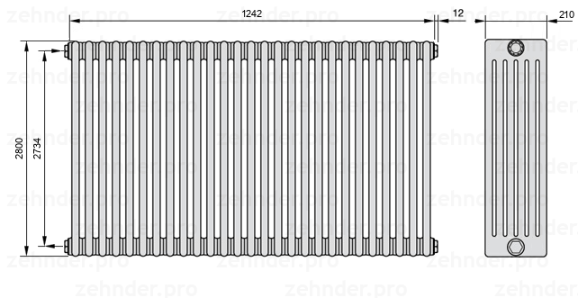 Схема (чертеж) Радиатор Zehnder Charleston 6280/27 №1270 Белый глянцевый RAL 9016